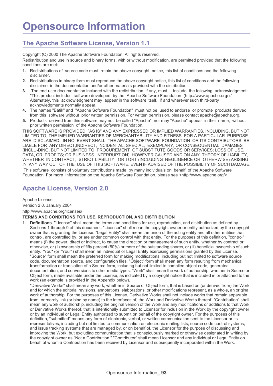 Opensource information, The apache software license, version 1.1, Apache license, version 2.0 | Samsung ML-3471ND-XAR User Manual | Page 93 / 111