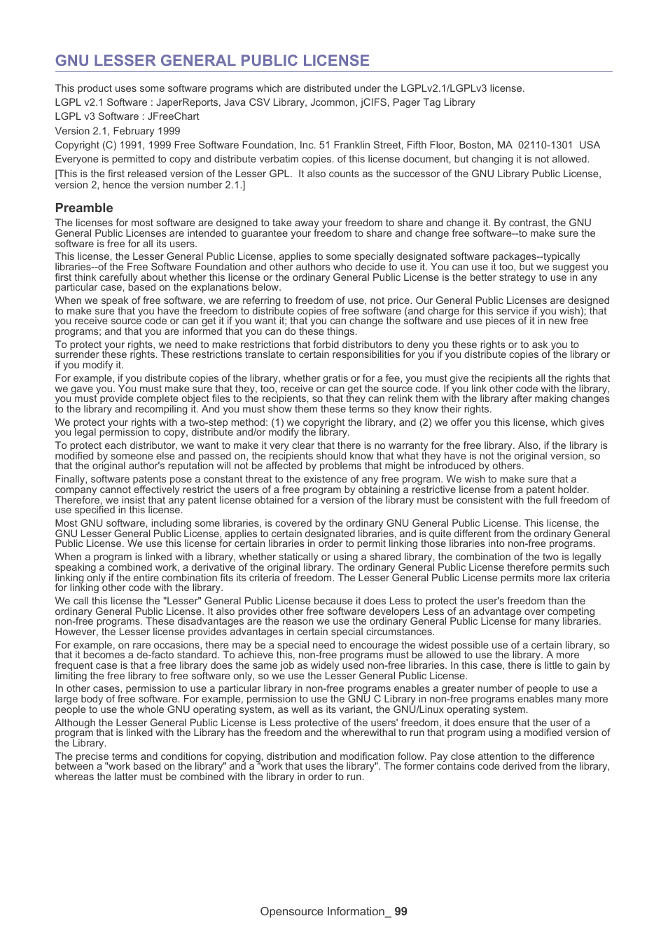 Gnu lesser general public license, Preamble | Samsung ML-3471ND-XAR User Manual | Page 99 / 111