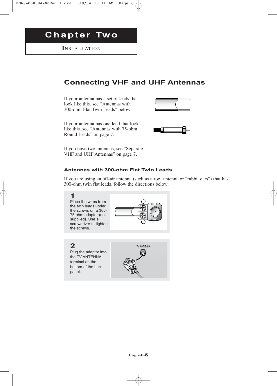 Chapter 2: installation, Connecting vhf and uhf antennas, Antennas with 300-ohm flat twin leads | Samsung LTP1545PX-XAA User Manual | Page 11 / 68