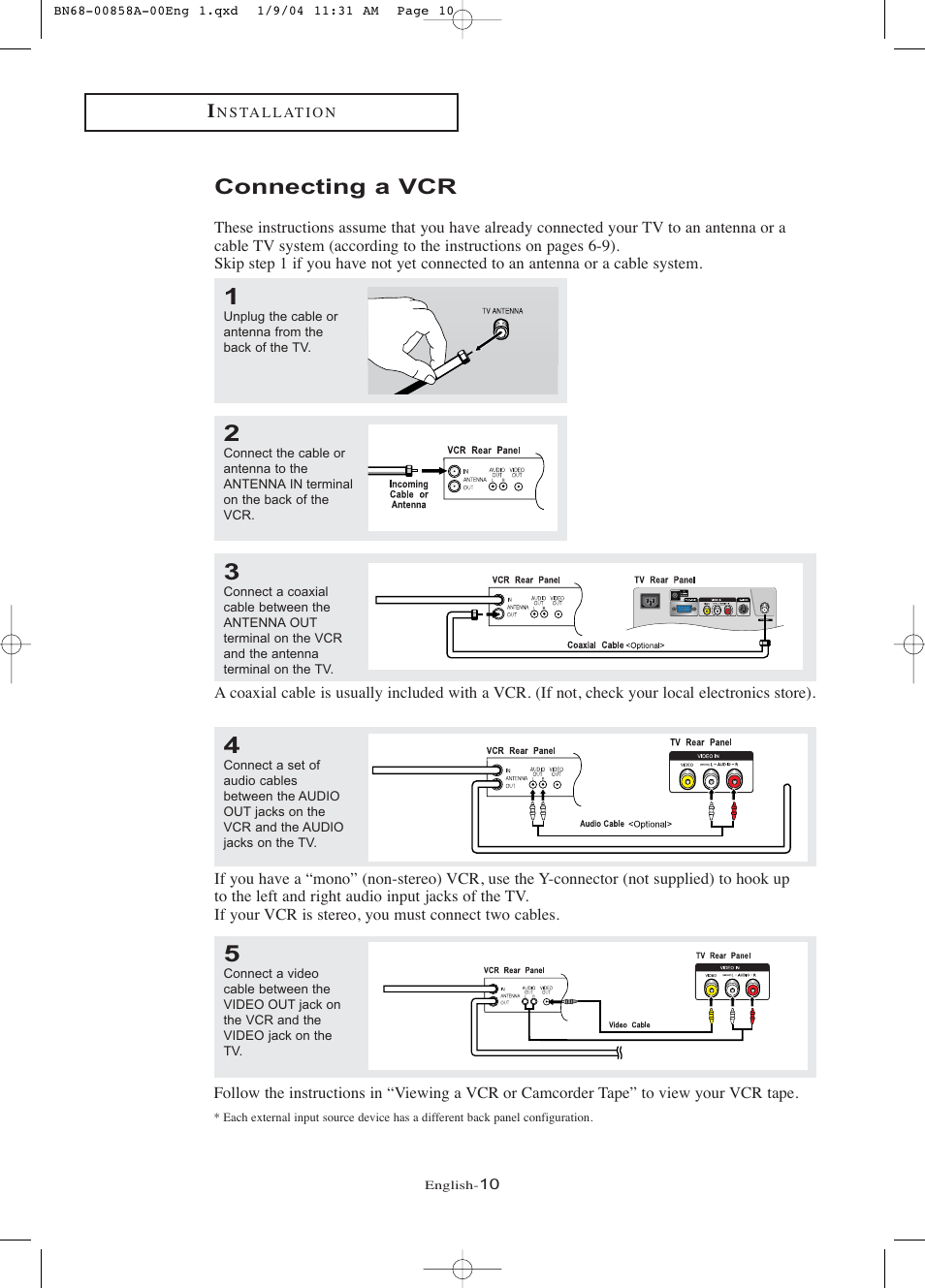 Connecting a vcr | Samsung LTP1545PX-XAA User Manual | Page 15 / 68