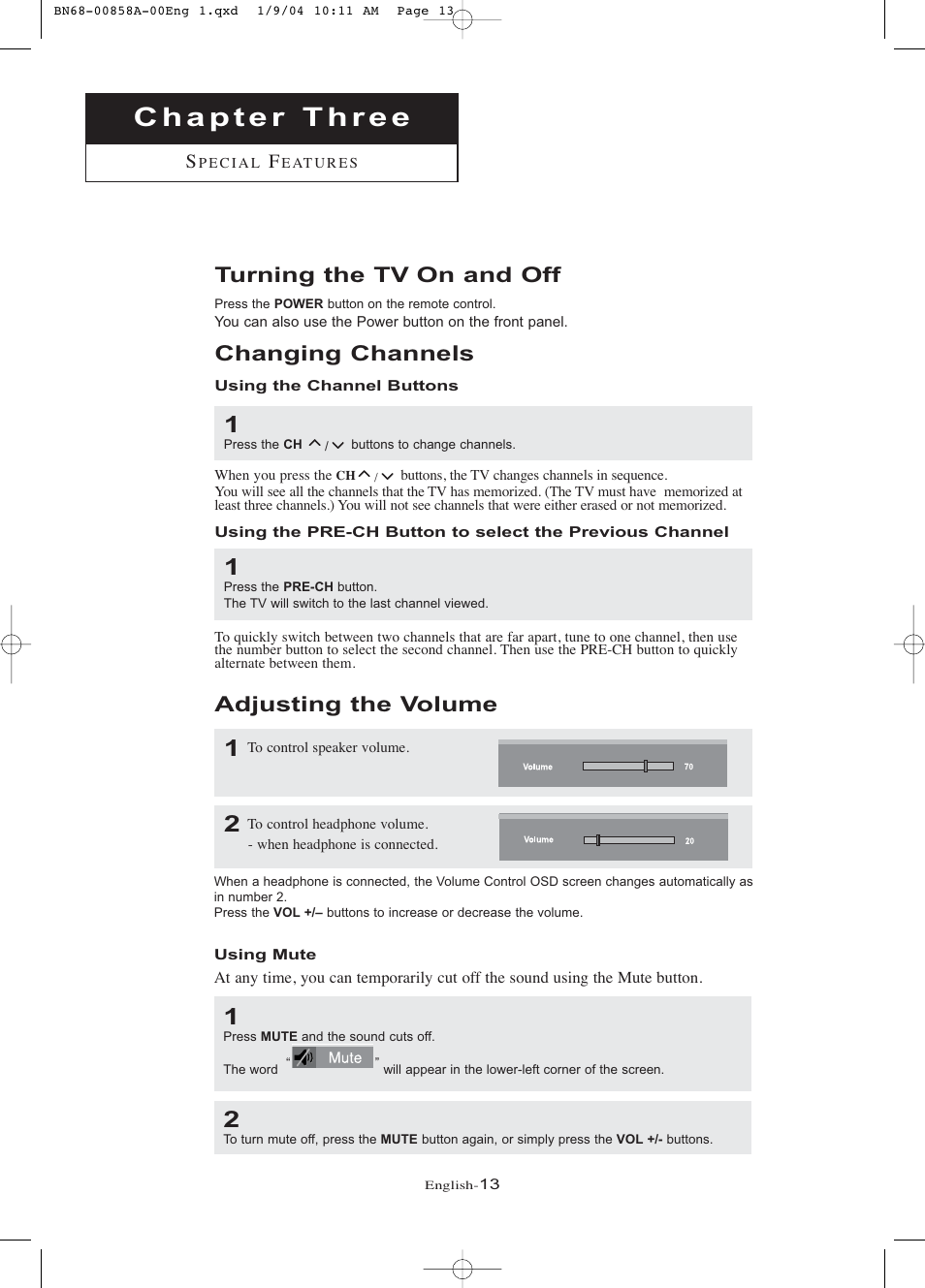 Chapter 3: special features, Turning the tv on and off, Changing channels | Using the channel buttons, Adjusting the volume, Using mute | Samsung LTP1545PX-XAA User Manual | Page 18 / 68