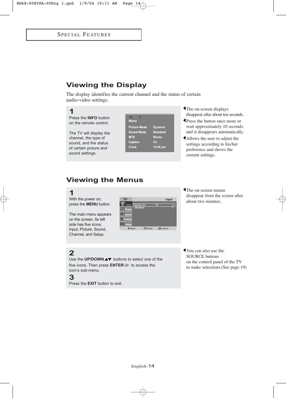 Viewing the display, Viewing the menus | Samsung LTP1545PX-XAA User Manual | Page 19 / 68