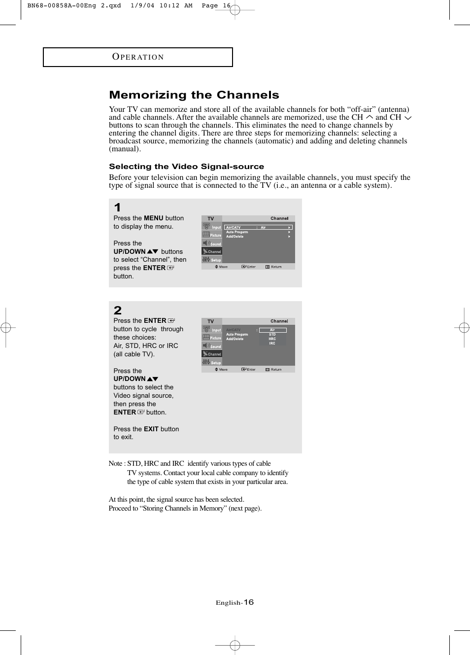 Memorizing the channels, Selecting the video signal-source | Samsung LTP1545PX-XAA User Manual | Page 21 / 68