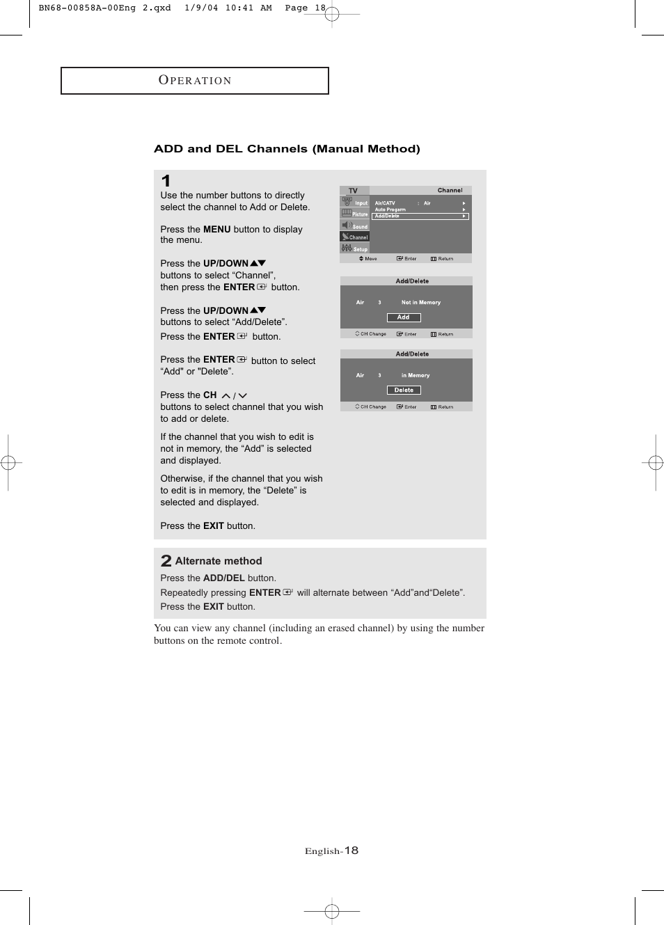 Add and del channels (manual method) | Samsung LTP1545PX-XAA User Manual | Page 23 / 68