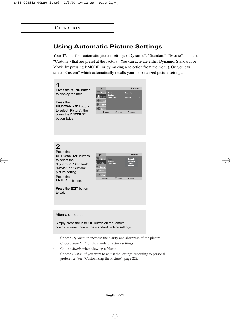 Using automatic picture settings | Samsung LTP1545PX-XAA User Manual | Page 26 / 68