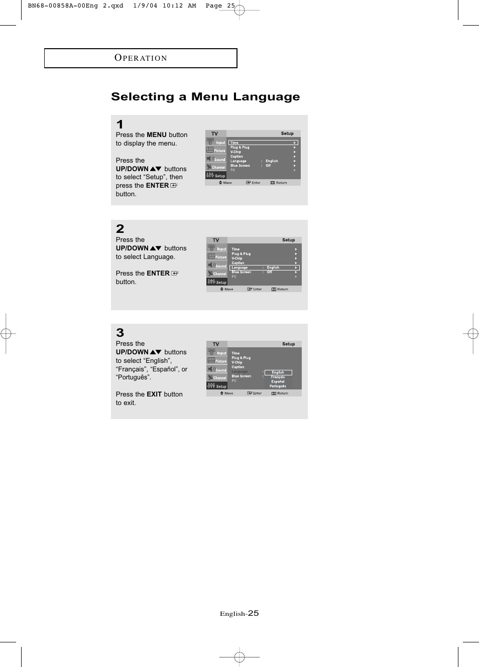 Selecting a menu language | Samsung LTP1545PX-XAA User Manual | Page 30 / 68