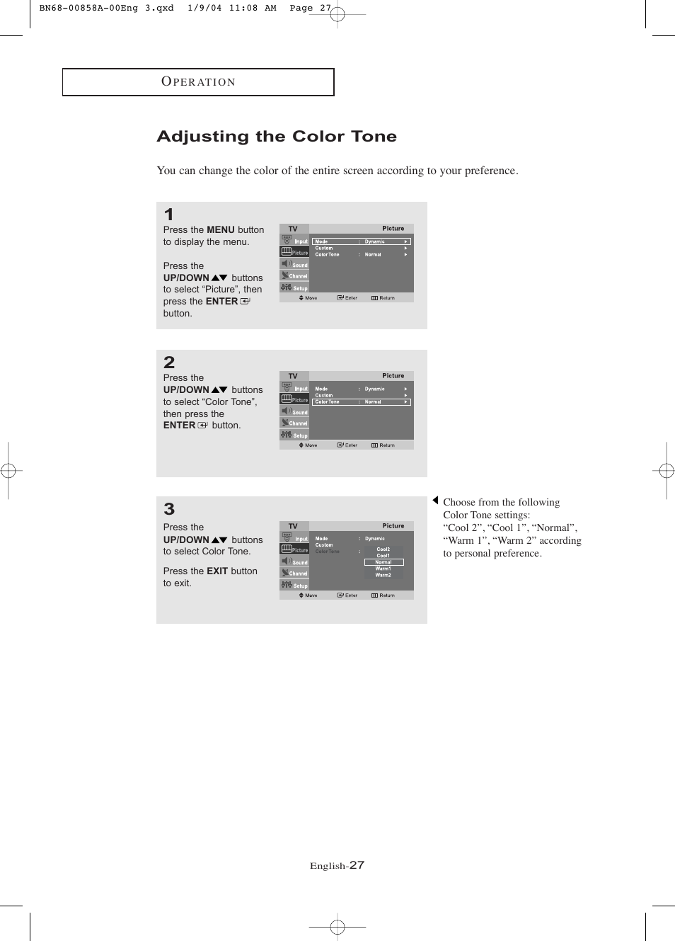 Adjusting the color tone | Samsung LTP1545PX-XAA User Manual | Page 32 / 68