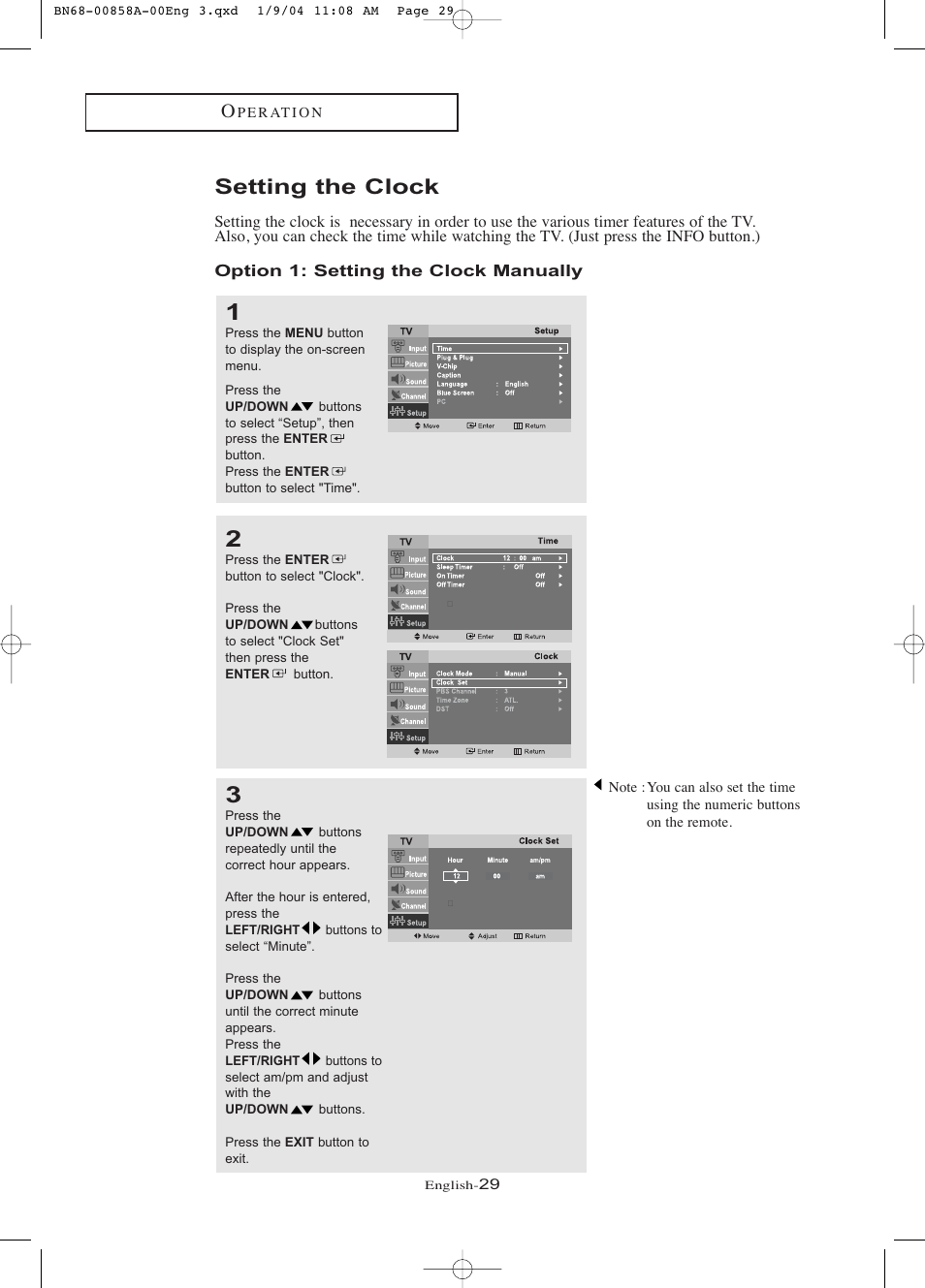 Setting the clock, Option 1: setting the clock manually | Samsung LTP1545PX-XAA User Manual | Page 34 / 68