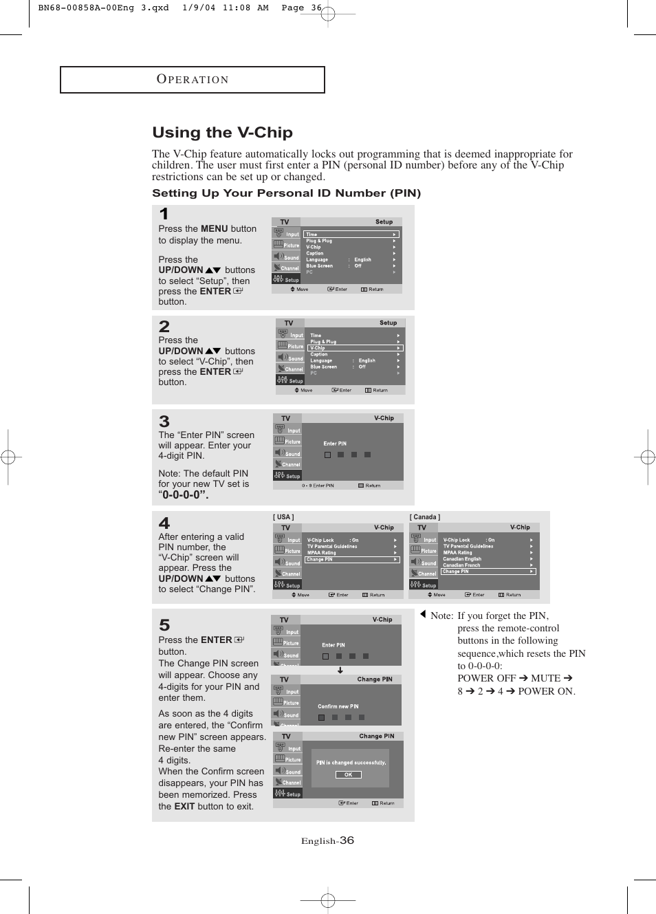 Using the v-chip, Setting up your personal id number (pin) | Samsung LTP1545PX-XAA User Manual | Page 41 / 68