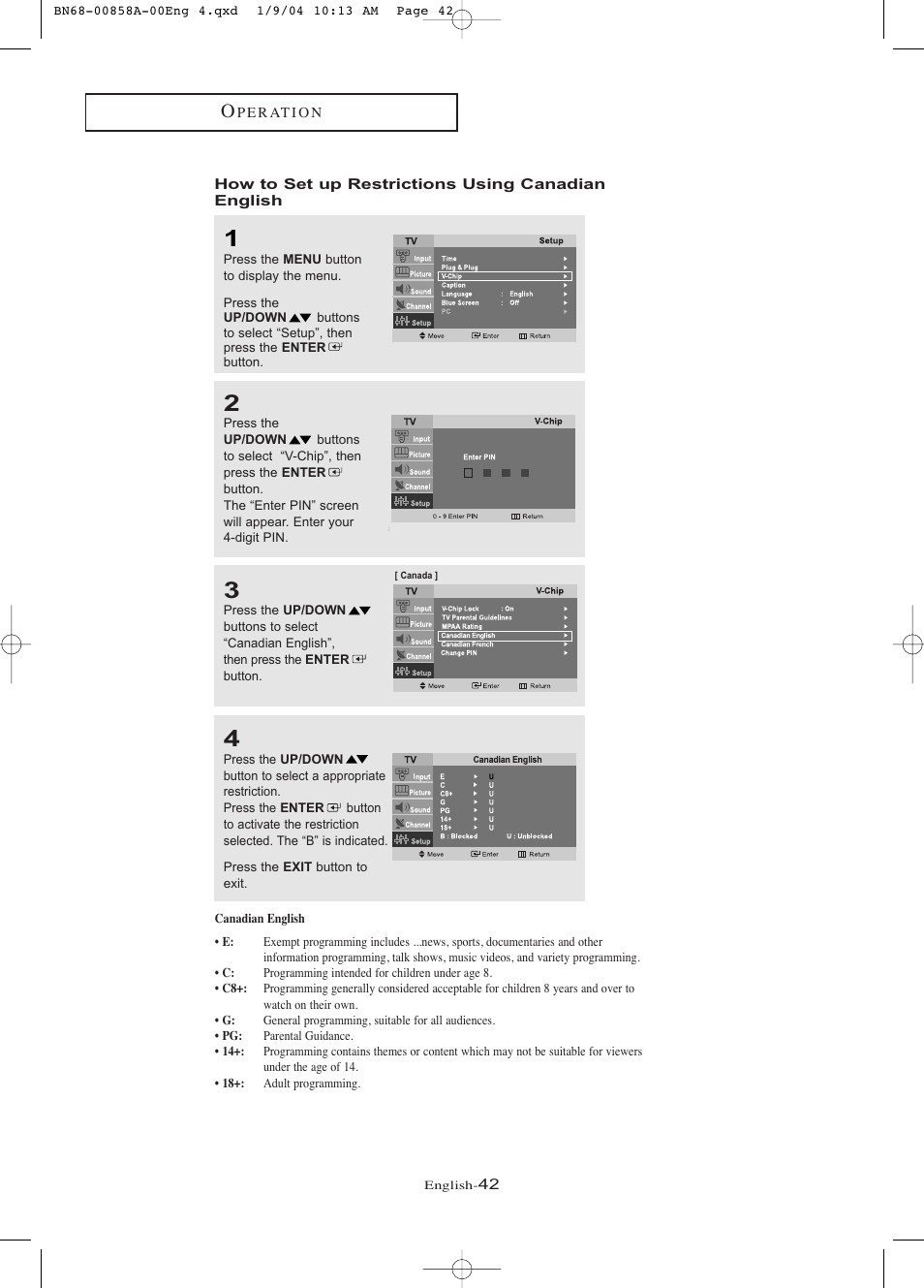 How to set up restrictions using canadian english | Samsung LTP1545PX-XAA User Manual | Page 47 / 68