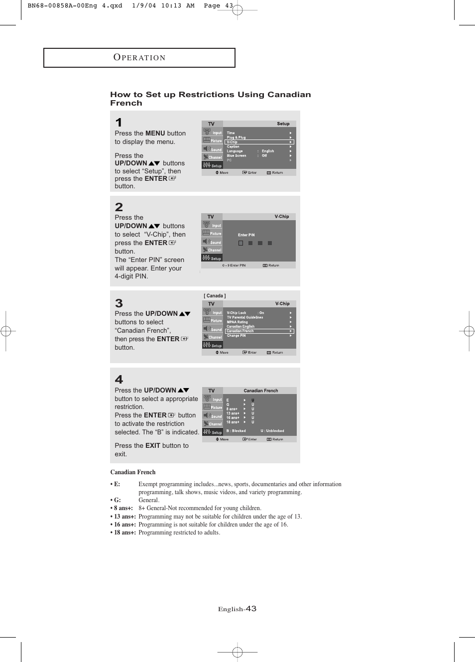 How to set up restrictions using canadian french | Samsung LTP1545PX-XAA User Manual | Page 48 / 68