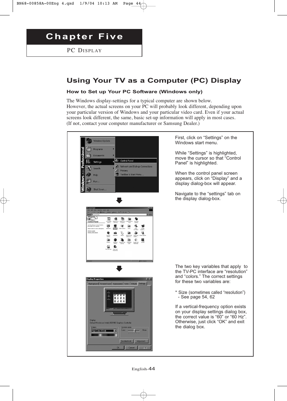 Chapter 5: pc display, Using your tv as a computer (pc) display, How to set up your pc software (windows only) | P c d | Samsung LTP1545PX-XAA User Manual | Page 49 / 68