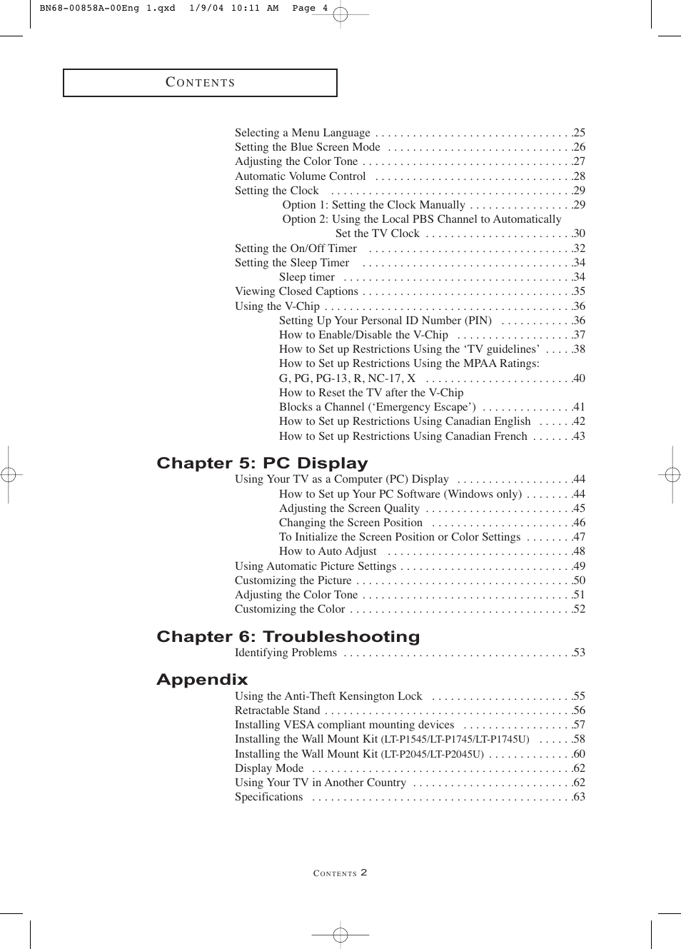 Chapter 5: pc display, Chapter 6: troubleshooting, Appendix | Samsung LTP1545PX-XAA User Manual | Page 5 / 68