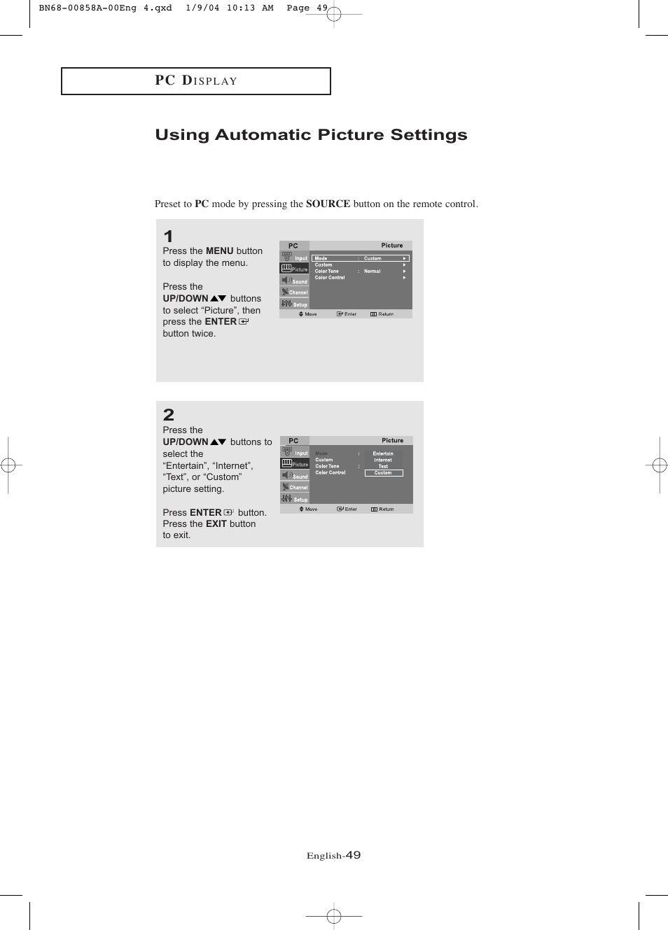 Using automatic picture settings, P c d | Samsung LTP1545PX-XAA User Manual | Page 54 / 68