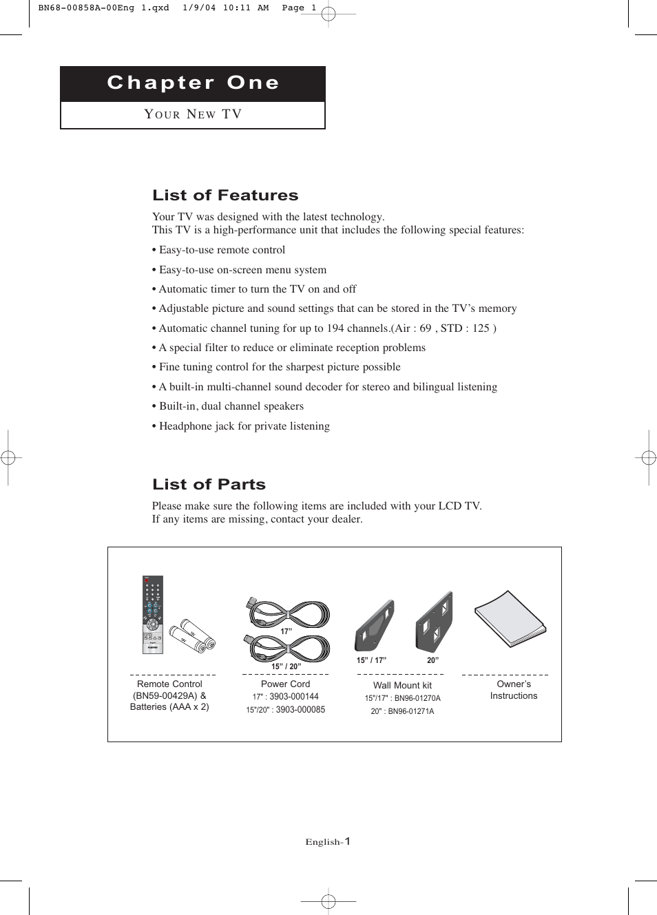 Chapter 1: your new tv, List of features, List of parts | Samsung LTP1545PX-XAA User Manual | Page 6 / 68