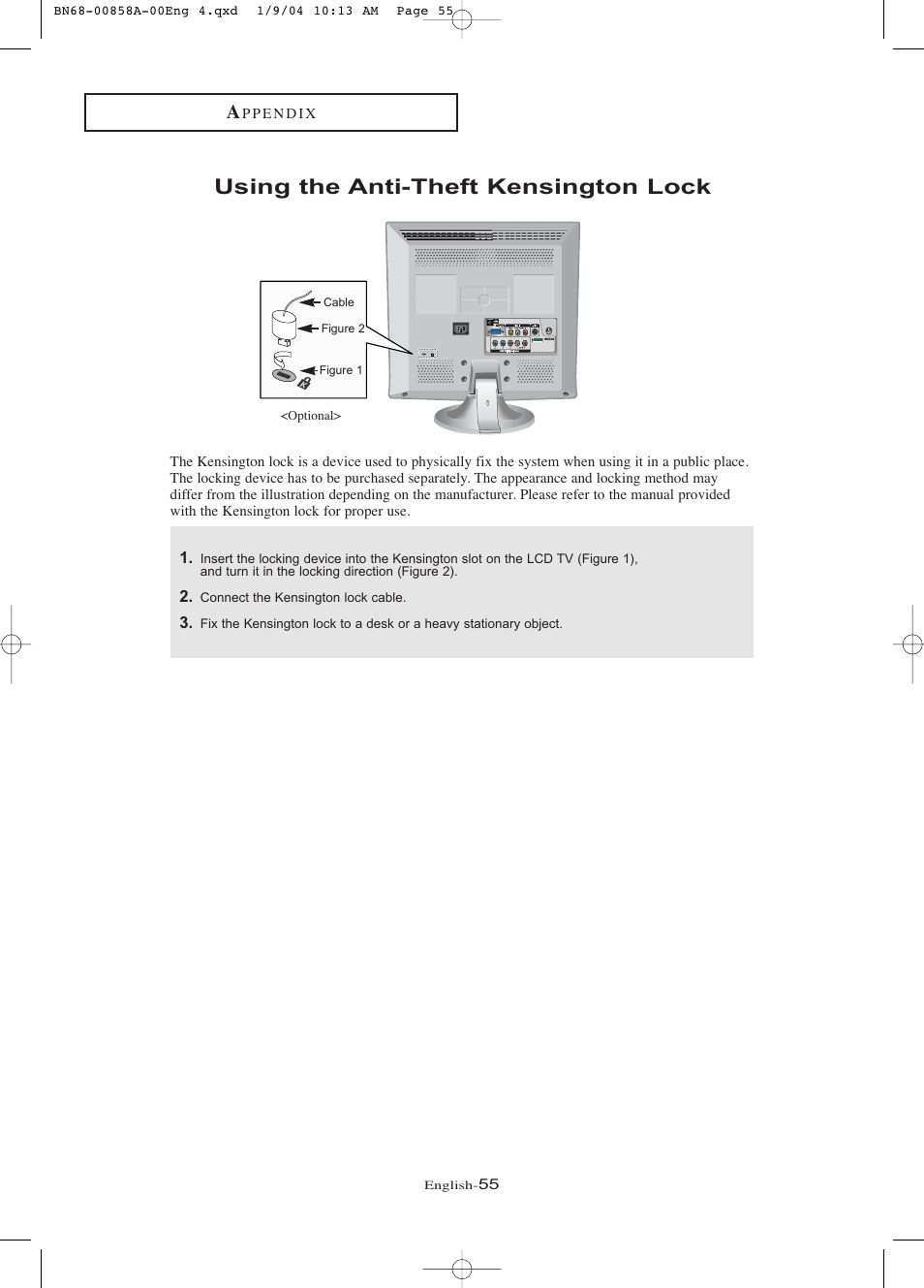 Appendix, Using the anti-theft kensington lock | Samsung LTP1545PX-XAA User Manual | Page 60 / 68