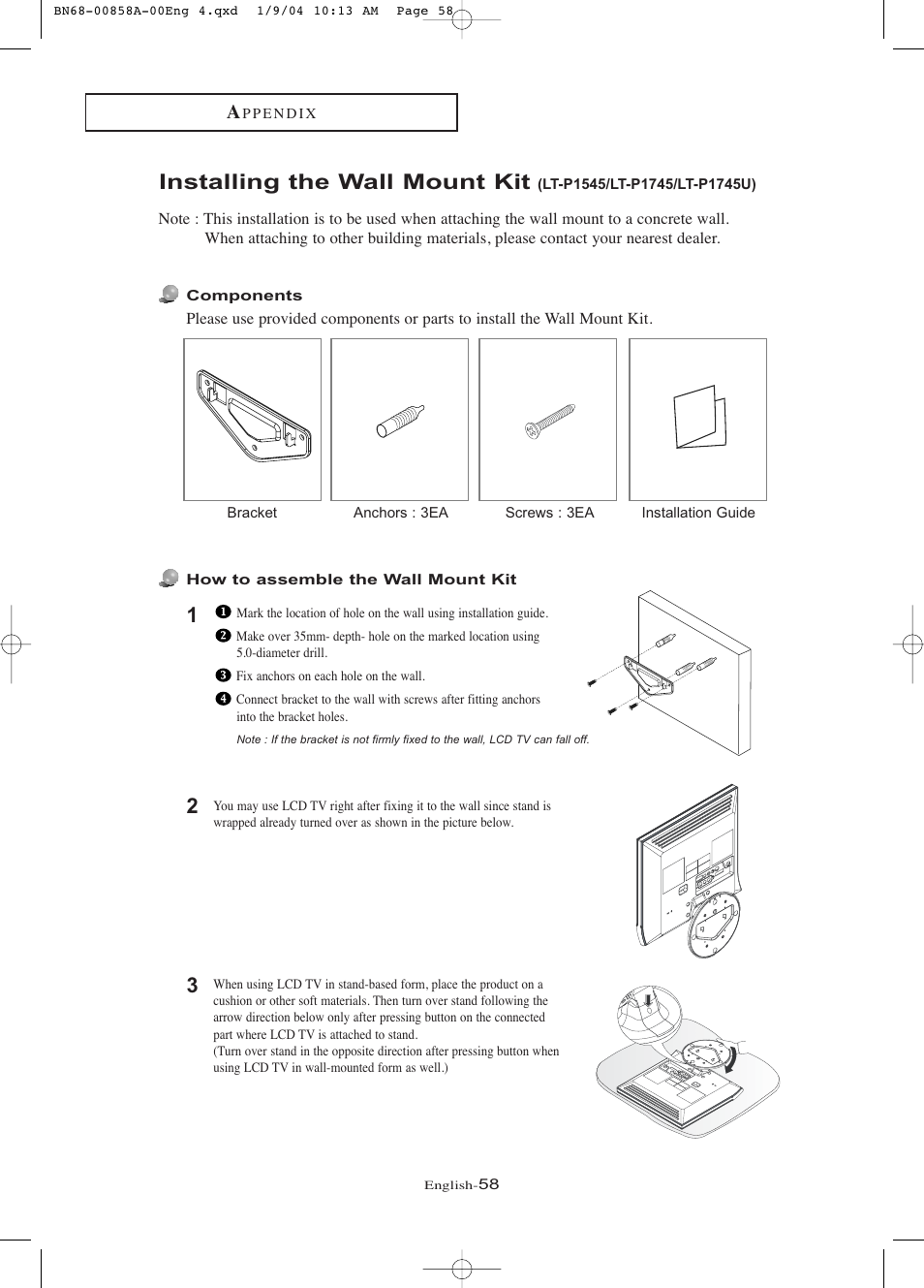 Installing the wall mount kit | Samsung LTP1545PX-XAA User Manual | Page 63 / 68