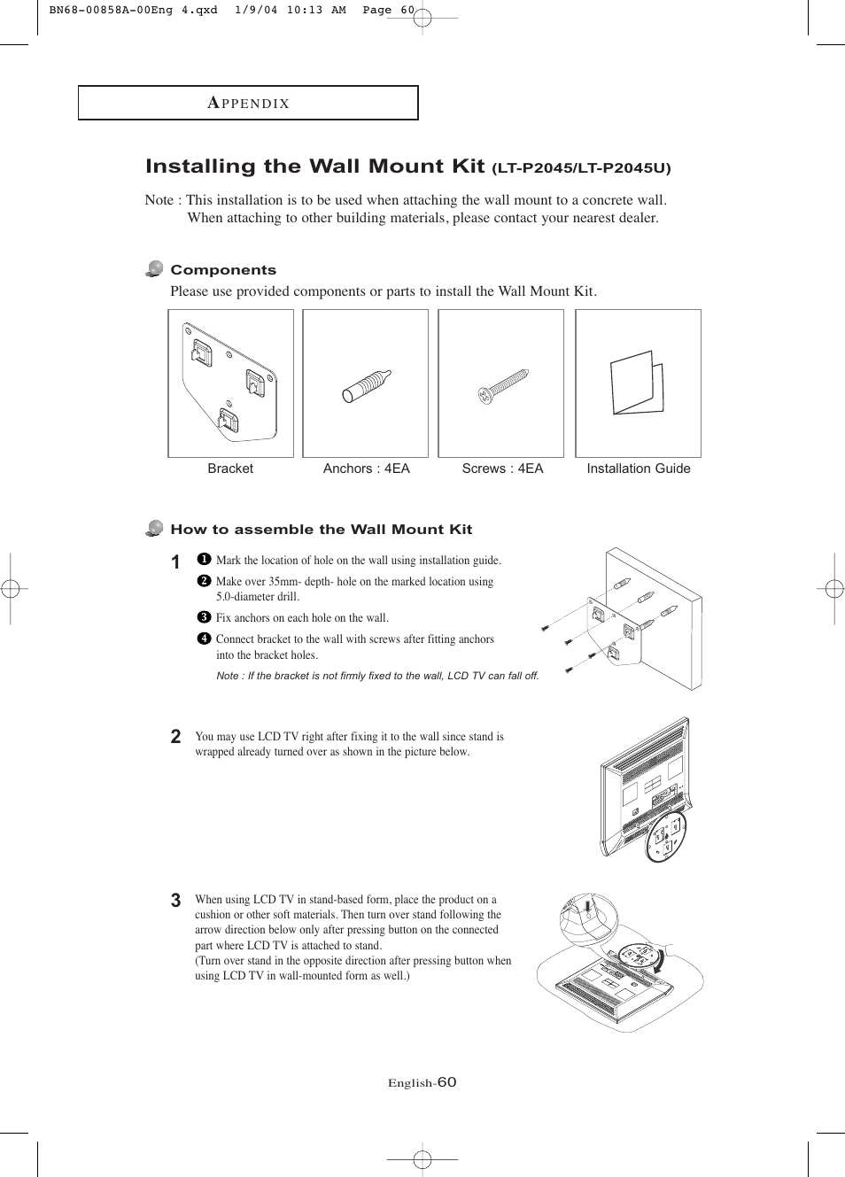 Installing the wall mount kit (lt-p2045/lt-p2045u), Installing the wall mount kit | Samsung LTP1545PX-XAA User Manual | Page 65 / 68