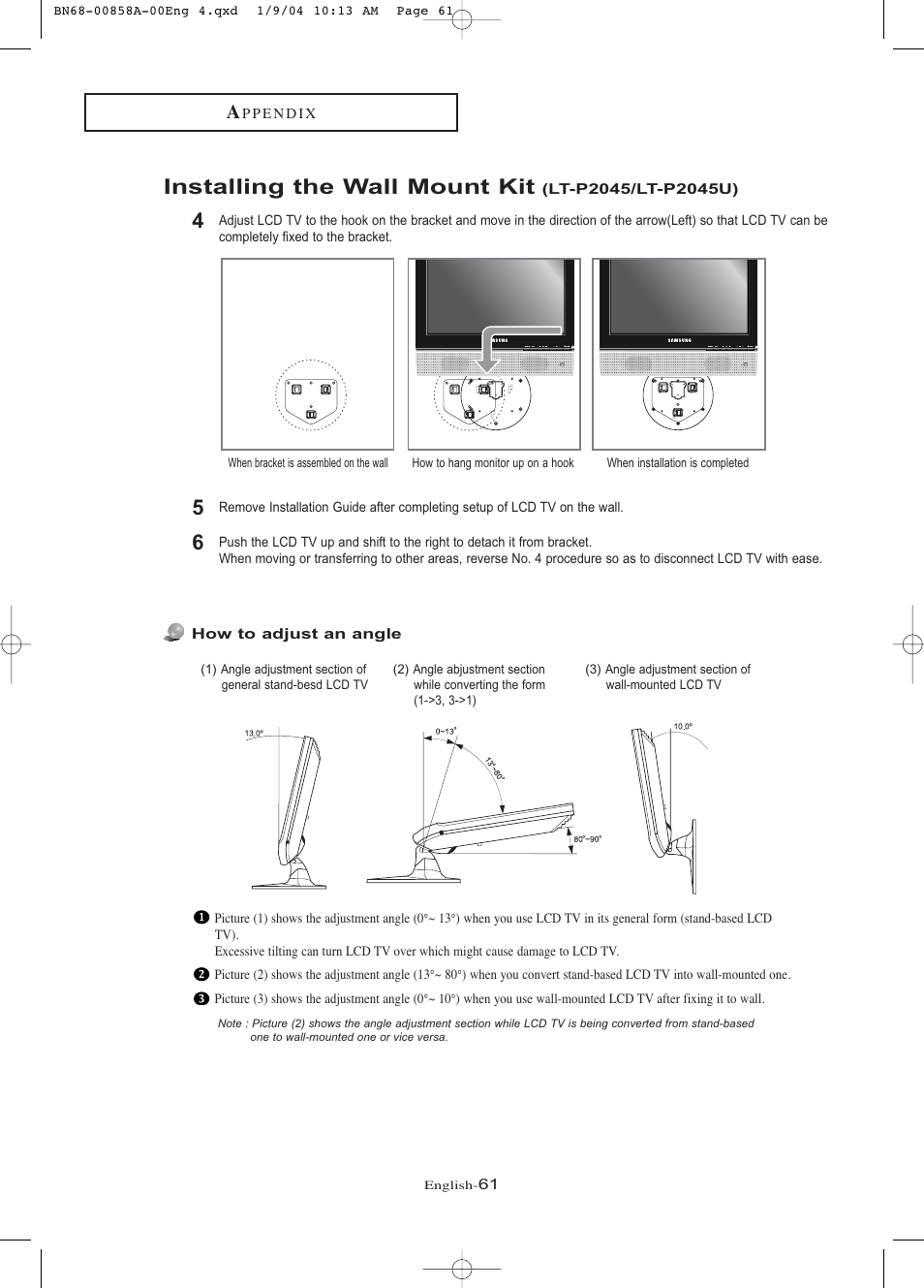 Installing the wall mount kit | Samsung LTP1545PX-XAA User Manual | Page 66 / 68