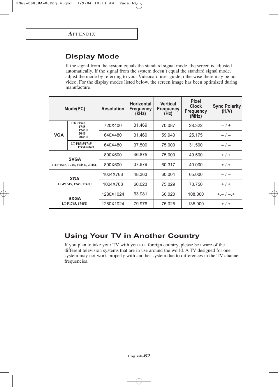 Display mode, Using your tv in another country | Samsung LTP1545PX-XAA User Manual | Page 67 / 68