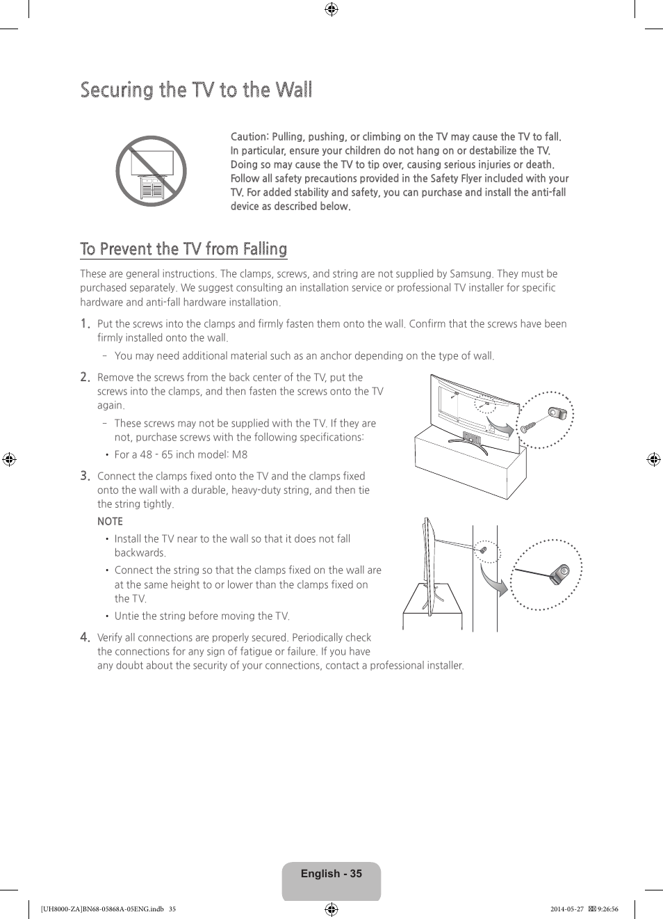 Securing the tv to the wall | Samsung UN55H8000AFXZA User Manual | Page 35 / 40