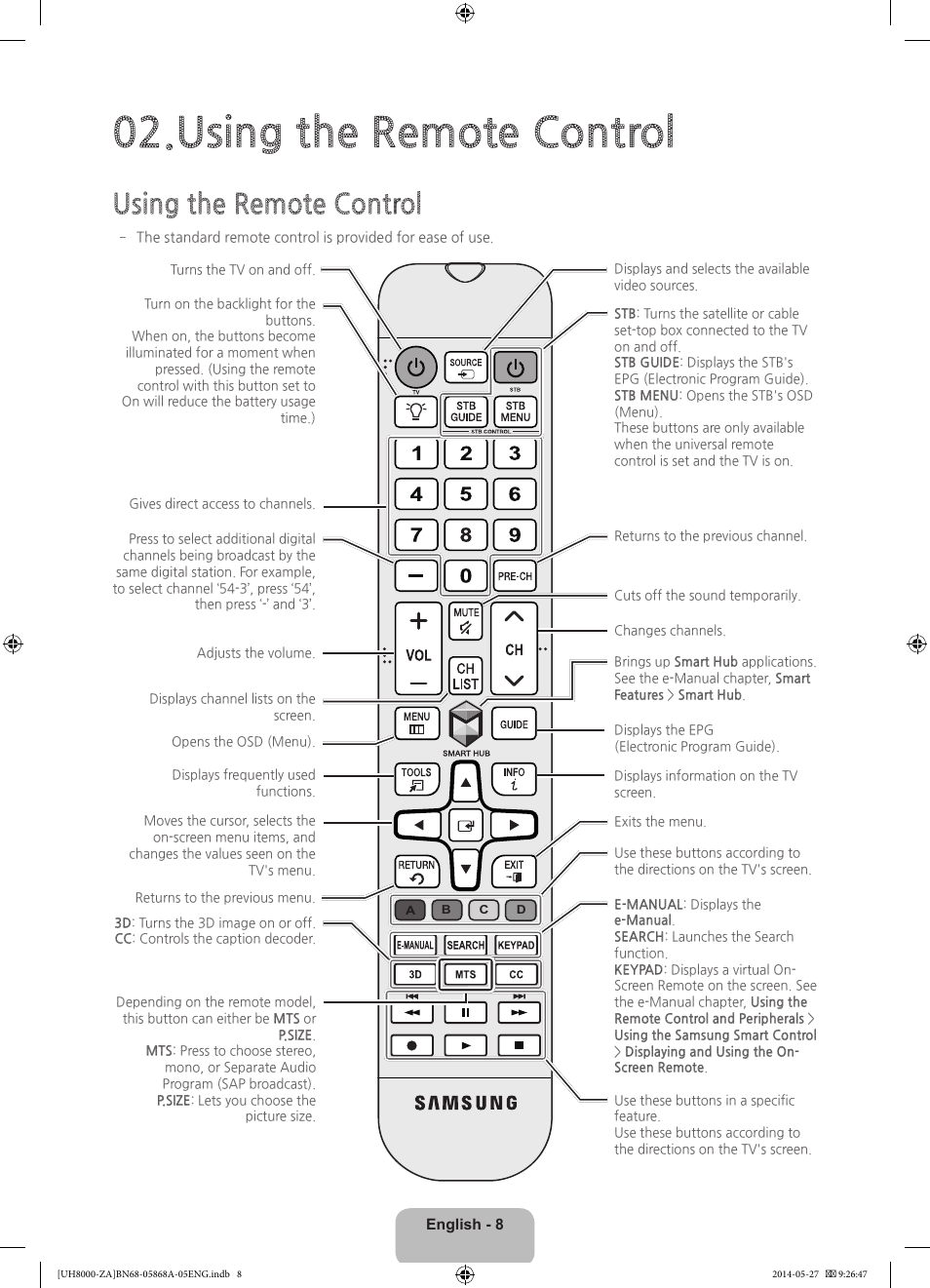 Using the remote control | Samsung UN55H8000AFXZA User Manual | Page 8 / 40