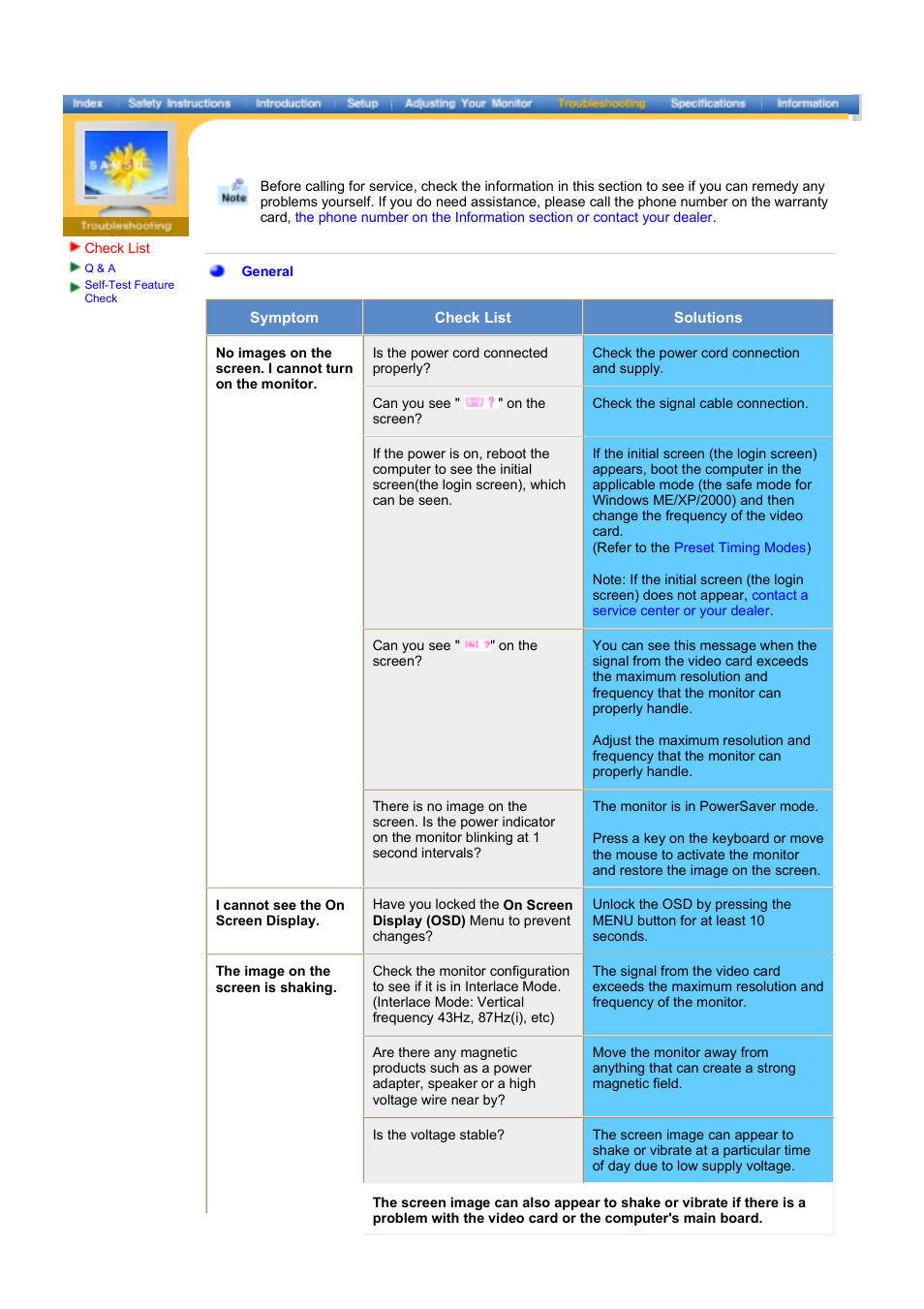 Troubleshooting, Check list | Samsung LE17KUBLK User Manual | Page 26 / 50