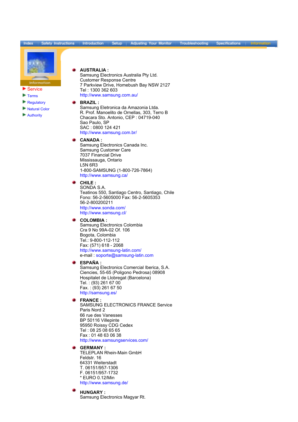 Information, Service | Samsung LE17KUBLK User Manual | Page 38 / 50