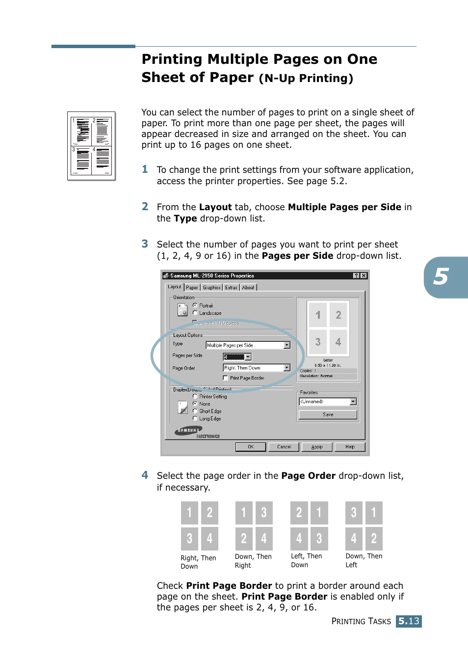 Up printing), Printing multiple pages on one sheet of paper | Samsung ML-2151N-XBH User Manual | Page 102 / 233