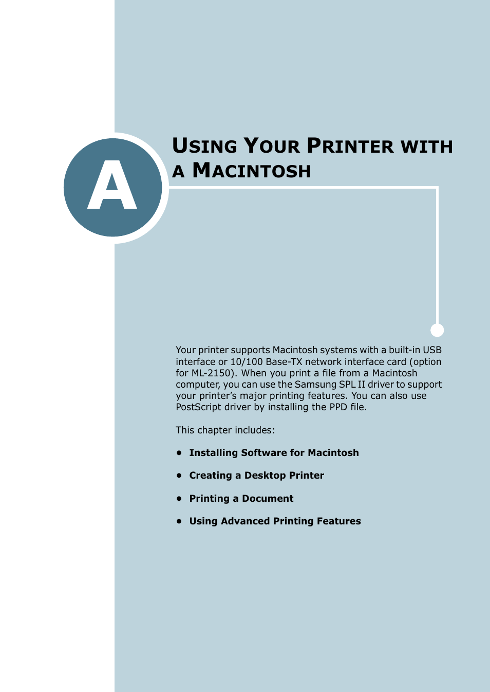 Using your printer with a macintosh, Appendix a, Sing | Rinter, With, Acintosh | Samsung ML-2151N-XBH User Manual | Page 156 / 233