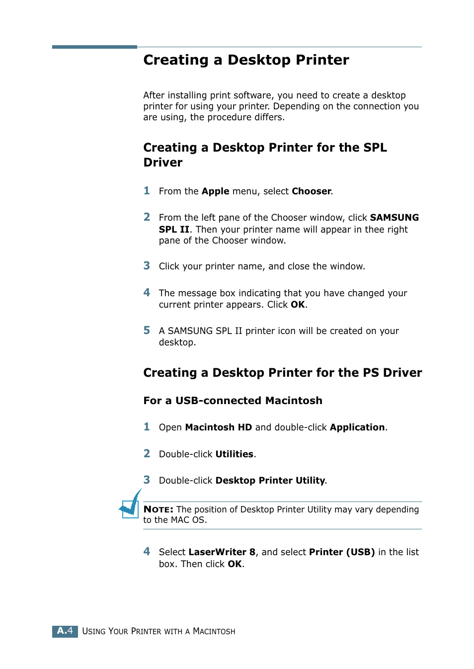 Creating a desktop printer, Creating a desktop printer for the spl driver, Creating a desktop printer for the ps driver | Samsung ML-2151N-XBH User Manual | Page 159 / 233