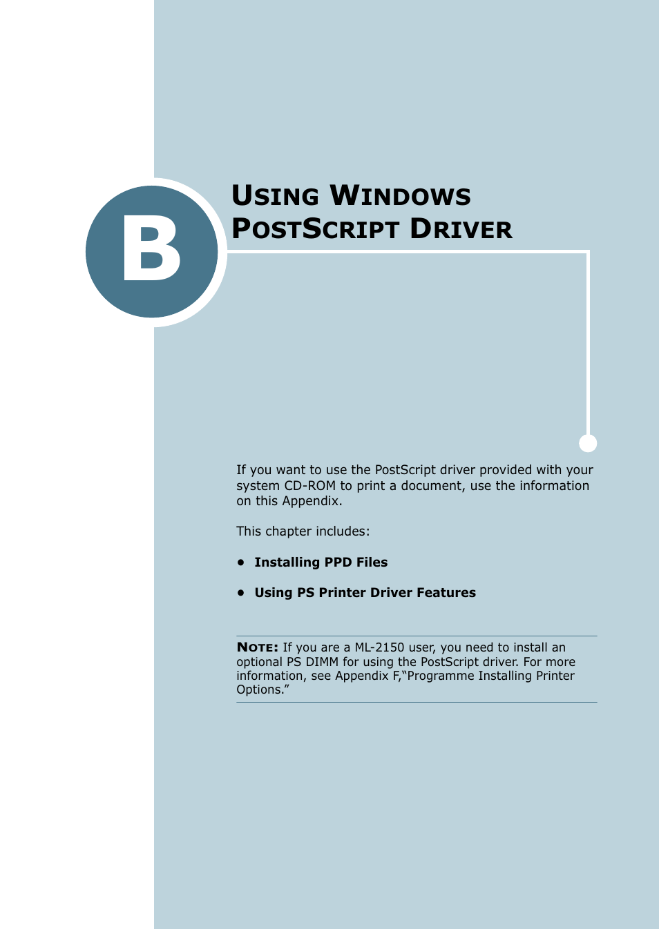 Using windows postscript driver, Appendix b, Sing | Indows, Cript, River | Samsung ML-2151N-XBH User Manual | Page 166 / 233