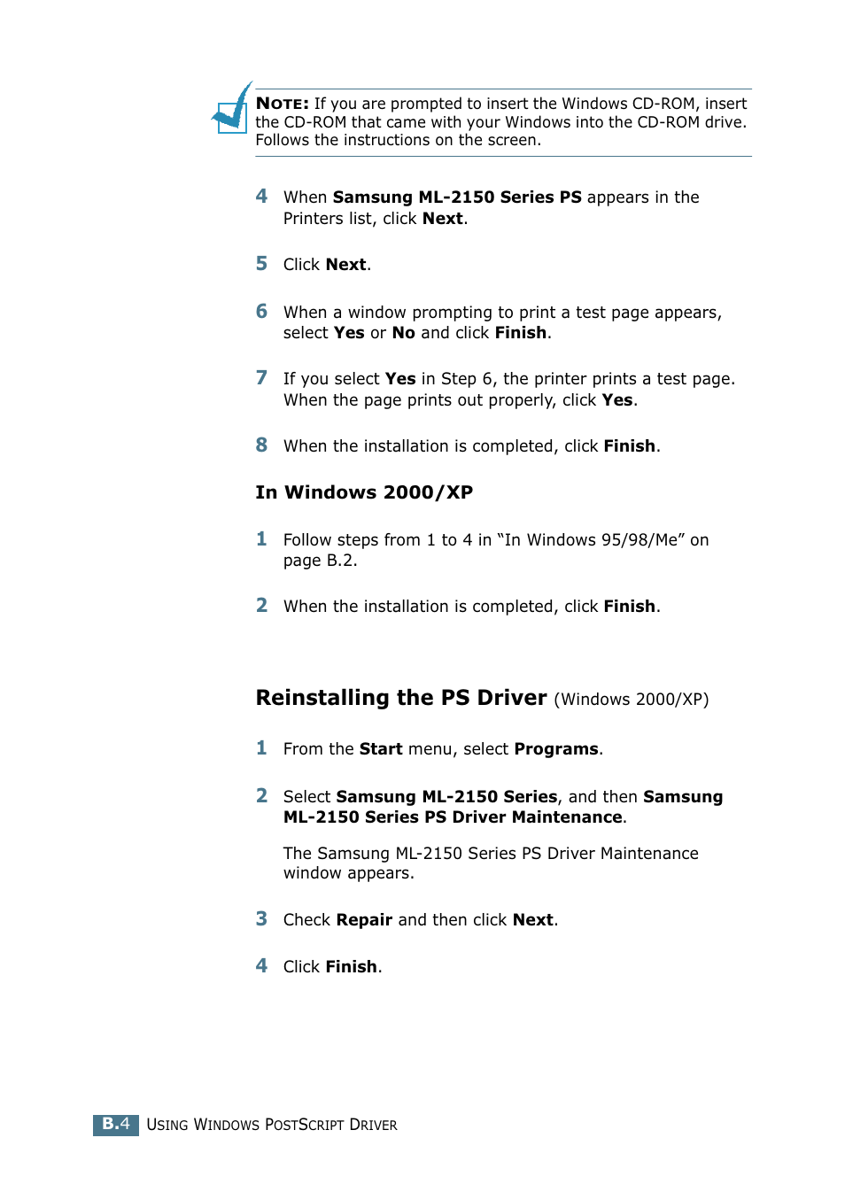 Reinstalling the ps driver (windows 2000/xp), Reinstalling the ps driver | Samsung ML-2151N-XBH User Manual | Page 169 / 233