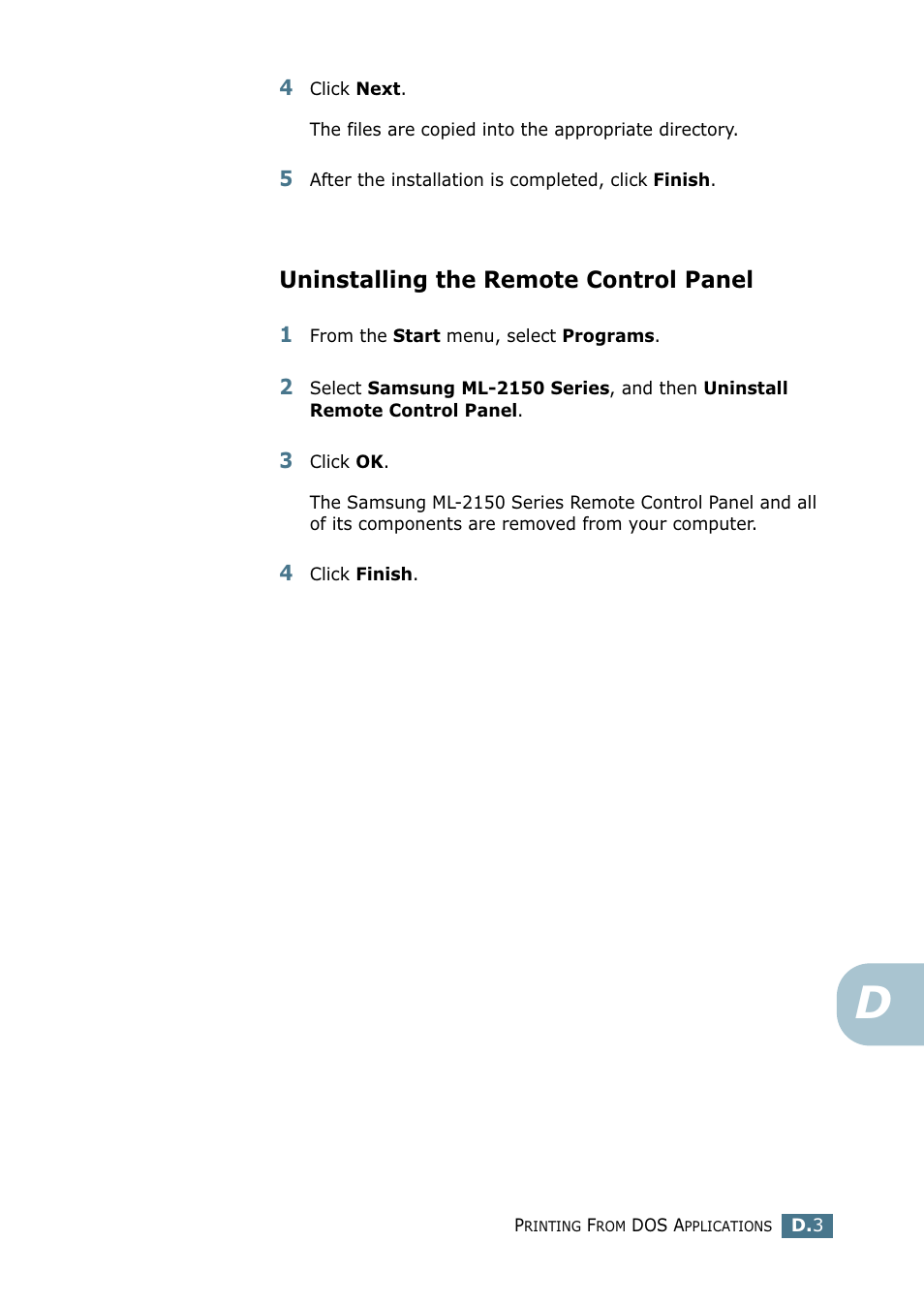 Uninstalling the remote control panel | Samsung ML-2151N-XBH User Manual | Page 186 / 233