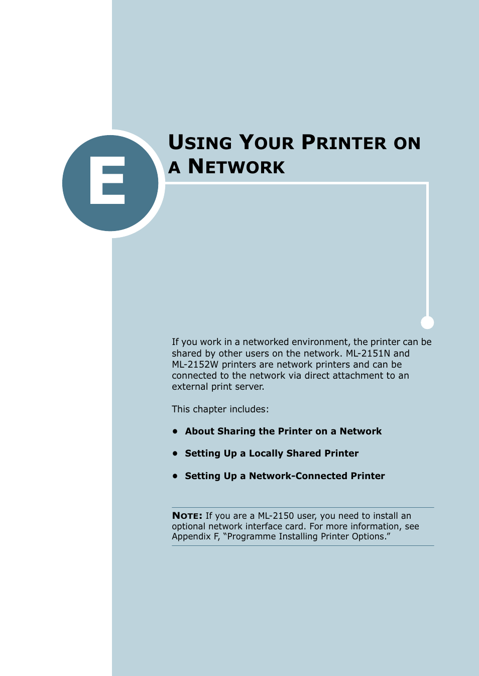 Using your printer on a network, Appendix e, Sing | Rinter, Etwork | Samsung ML-2151N-XBH User Manual | Page 196 / 233