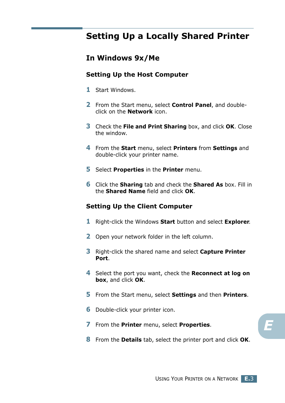 Setting up a locally shared printer, In windows 9x/me | Samsung ML-2151N-XBH User Manual | Page 198 / 233