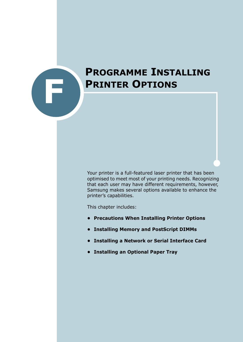 Programme installing printer options, Appendix f, Rogramme | Nstalling, Rinter, Ptions, Appendix f, “programme installing printer options | Samsung ML-2151N-XBH User Manual | Page 208 / 233