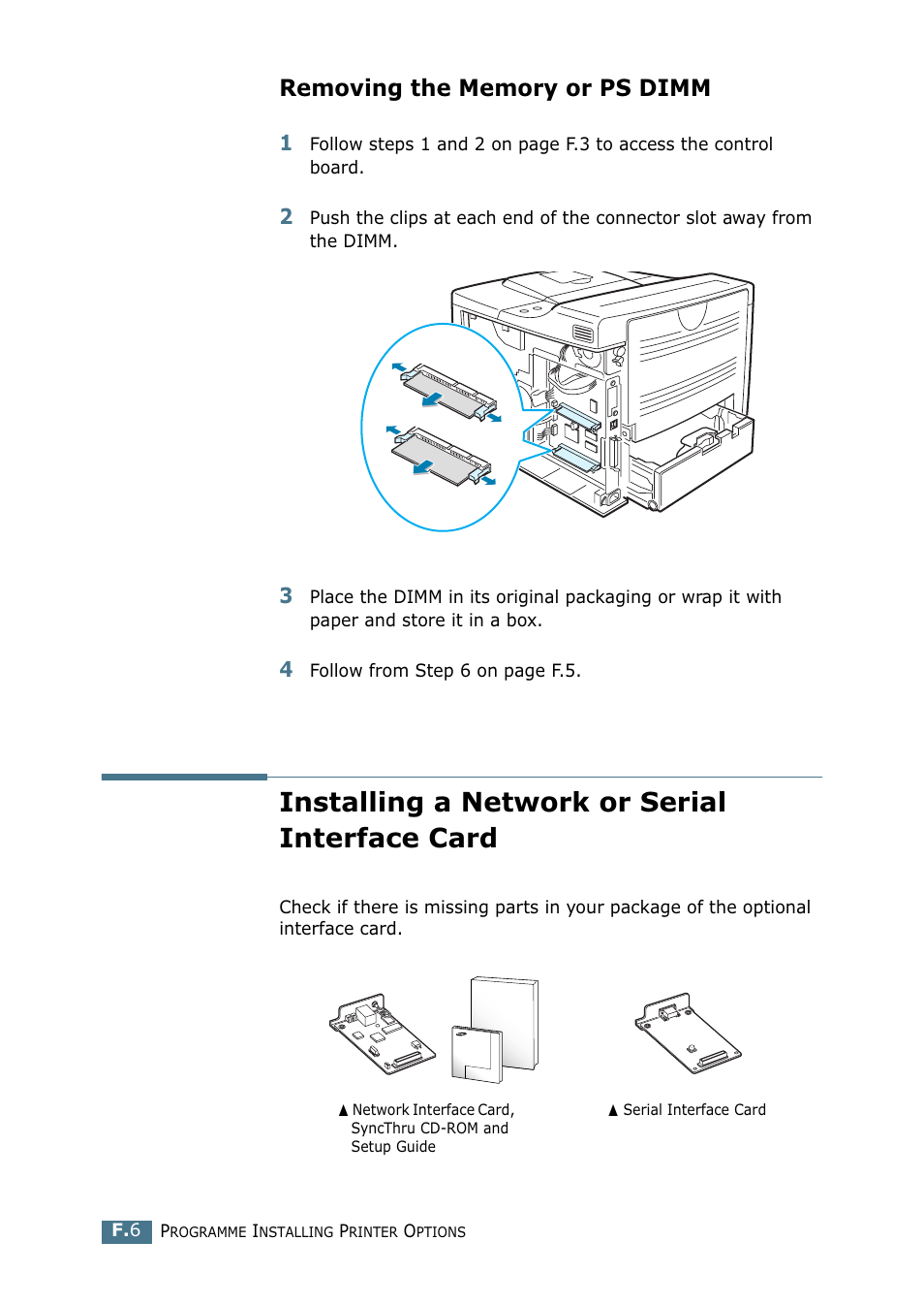 Removing the memory or ps dimm, Installing a network or serial interface card | Samsung ML-2151N-XBH User Manual | Page 213 / 233