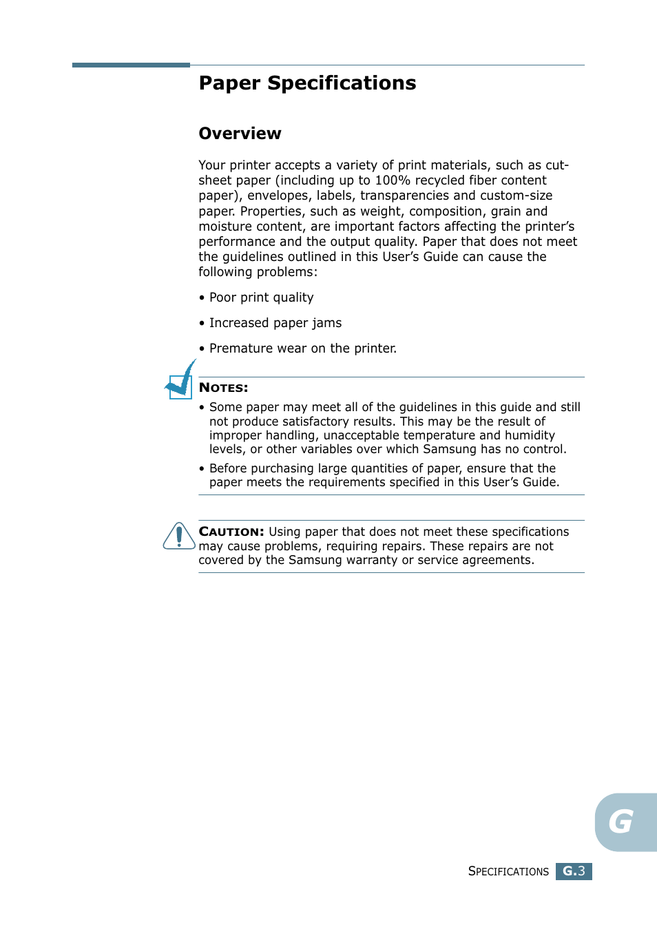 Paper specifications, Overview, Use only recommended print materials. see “paper | See “paper specifications, Y not meet paper specifications. see “paper | Samsung ML-2151N-XBH User Manual | Page 222 / 233