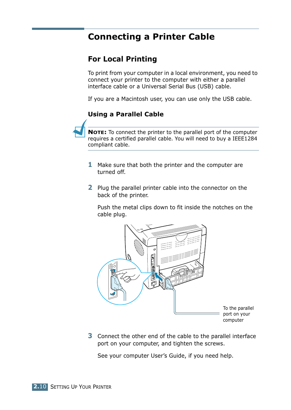 Connecting a printer cable, For local printing | Samsung ML-2151N-XBH User Manual | Page 31 / 233