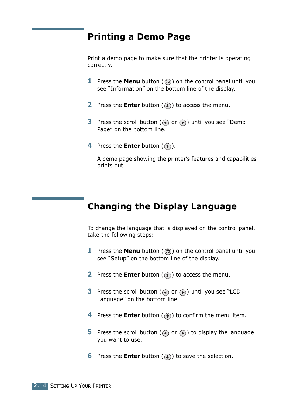 Changing the display language, Printing a demo page | Samsung ML-2151N-XBH User Manual | Page 35 / 233