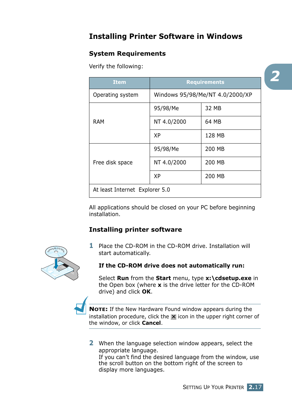 Installing printer software in windows | Samsung ML-2151N-XBH User Manual | Page 38 / 233