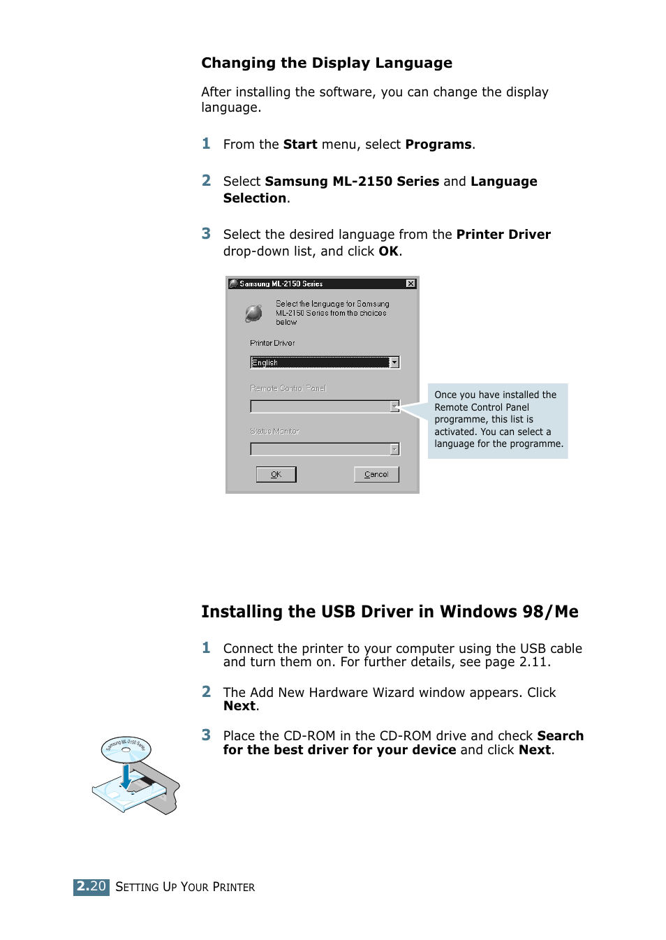 Installing the usb driver in windows 98/me | Samsung ML-2151N-XBH User Manual | Page 41 / 233