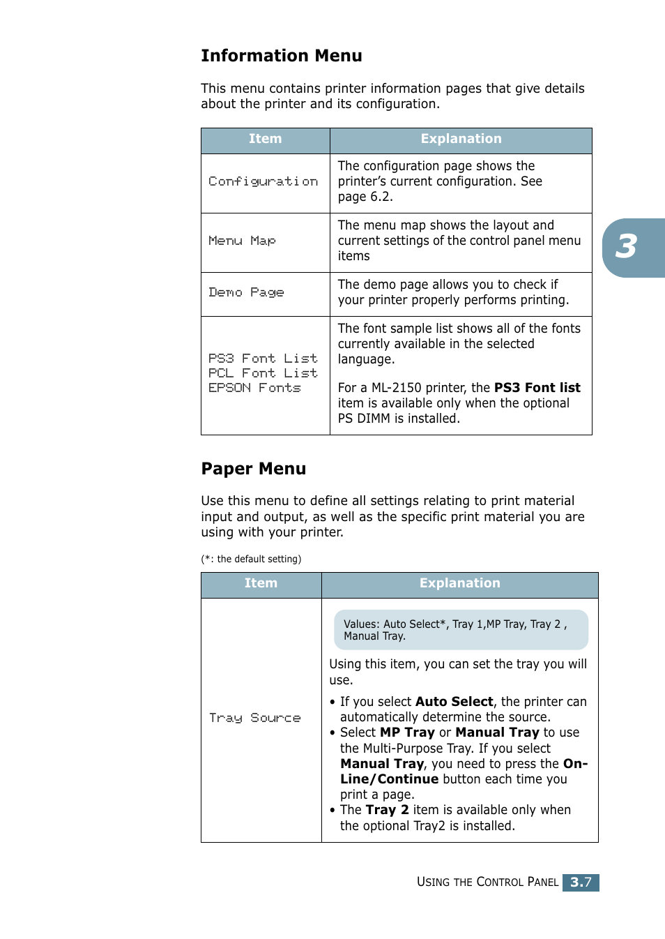 Information menu, Paper menu | Samsung ML-2151N-XBH User Manual | Page 50 / 233