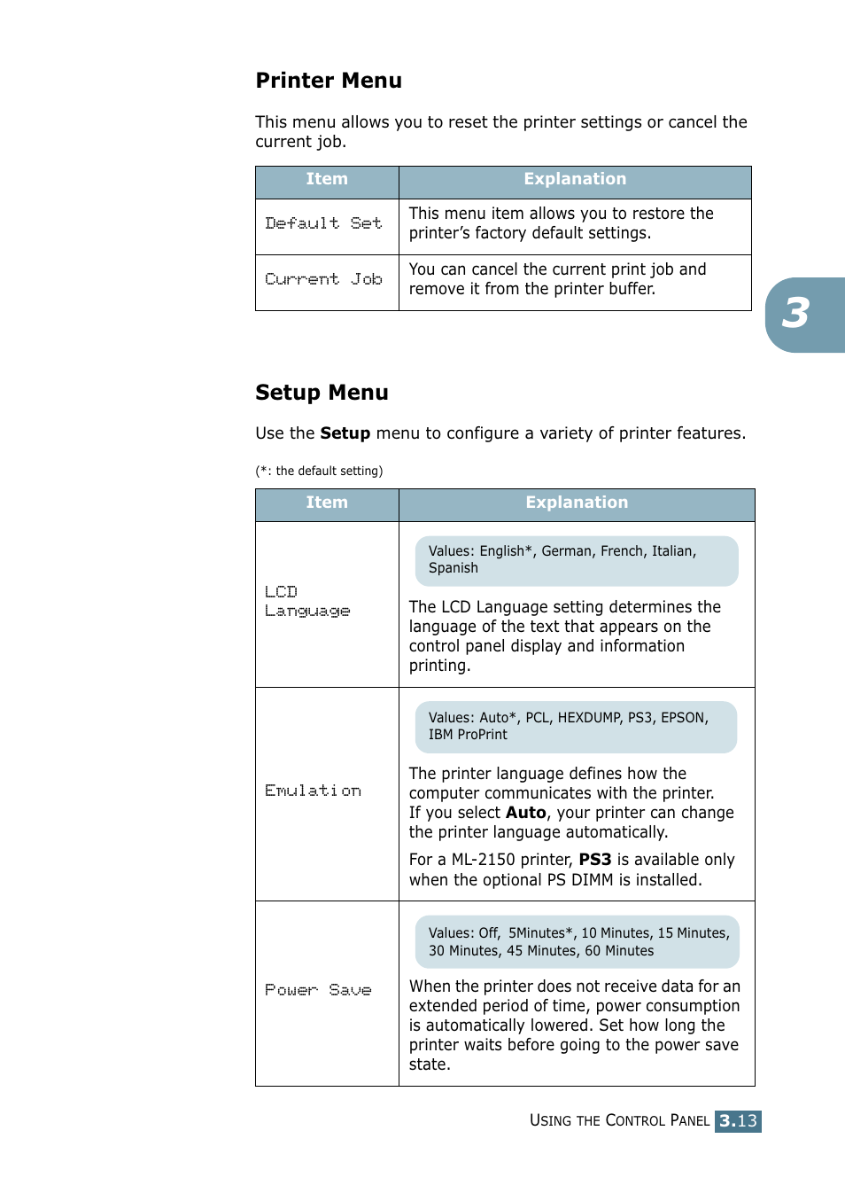 Printer menu, Setup menu, Printer menu setup menu | Samsung ML-2151N-XBH User Manual | Page 56 / 233