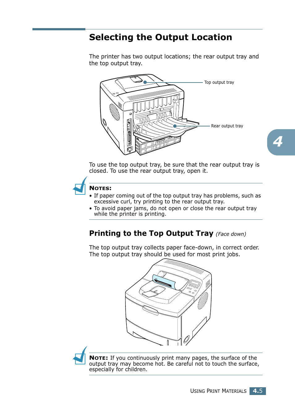 Selecting the output location, Printing to the top output tray (face down), Printing to the top output tray | Samsung ML-2151N-XBH User Manual | Page 70 / 233