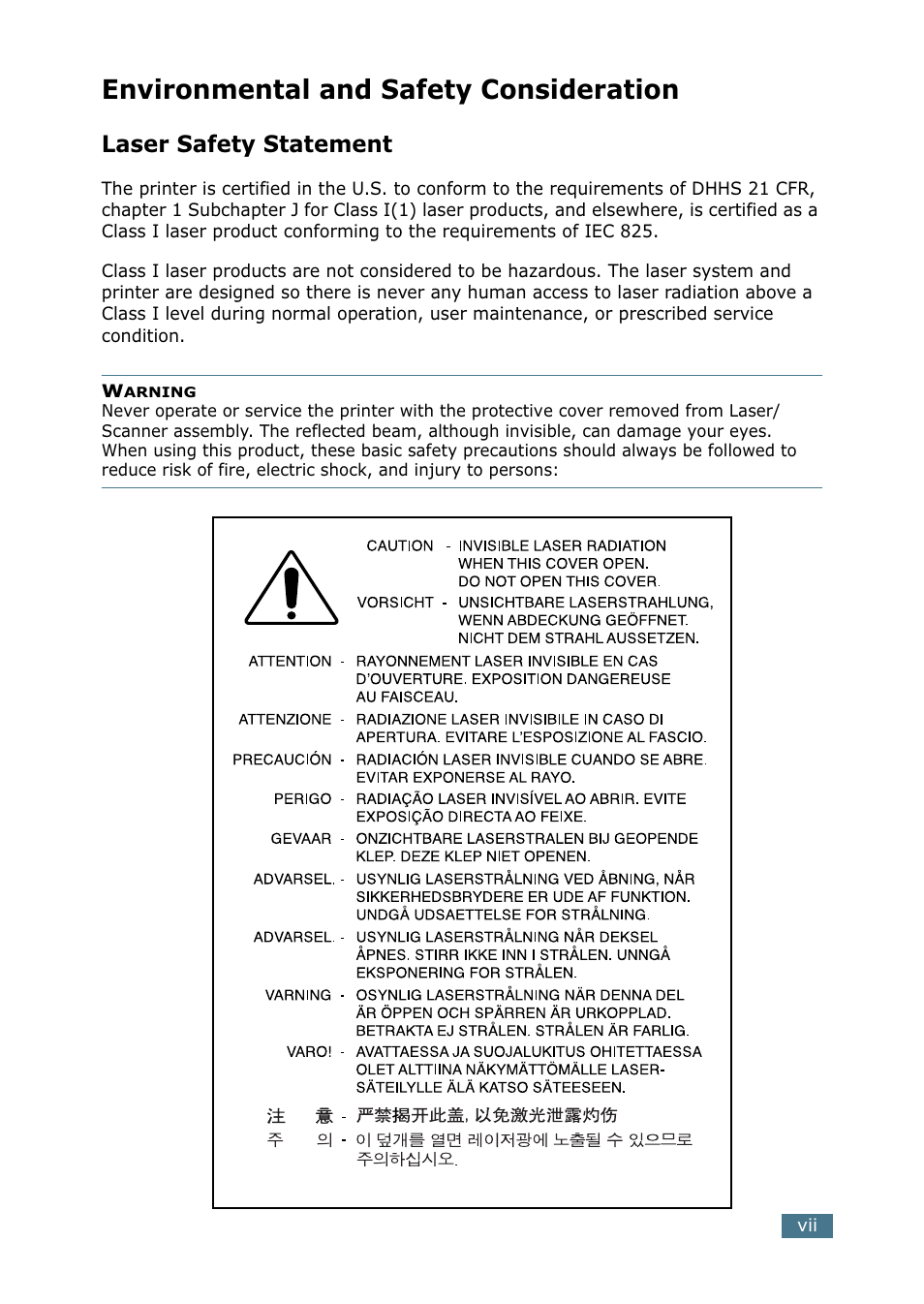 Environmental and safety consideration, Laser safety statement | Samsung ML-2151N-XBH User Manual | Page 8 / 233