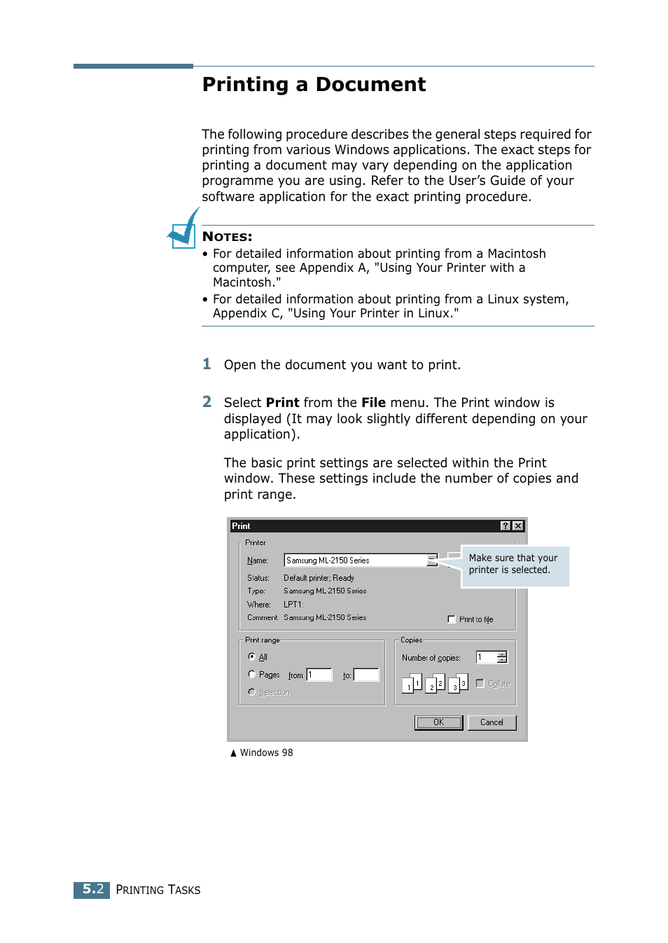 Printing a document | Samsung ML-2151N-XBH User Manual | Page 91 / 233