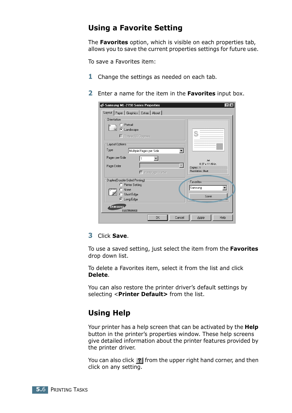 Using a favorite setting, Using help, Using a favorite setting using help | Samsung ML-2151N-XBH User Manual | Page 95 / 233