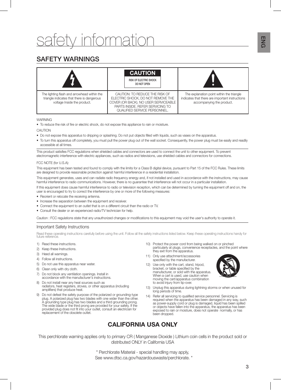 Safety information, Safety warnings, California usa only | Caution | Samsung DA-E750-ZA User Manual | Page 3 / 35